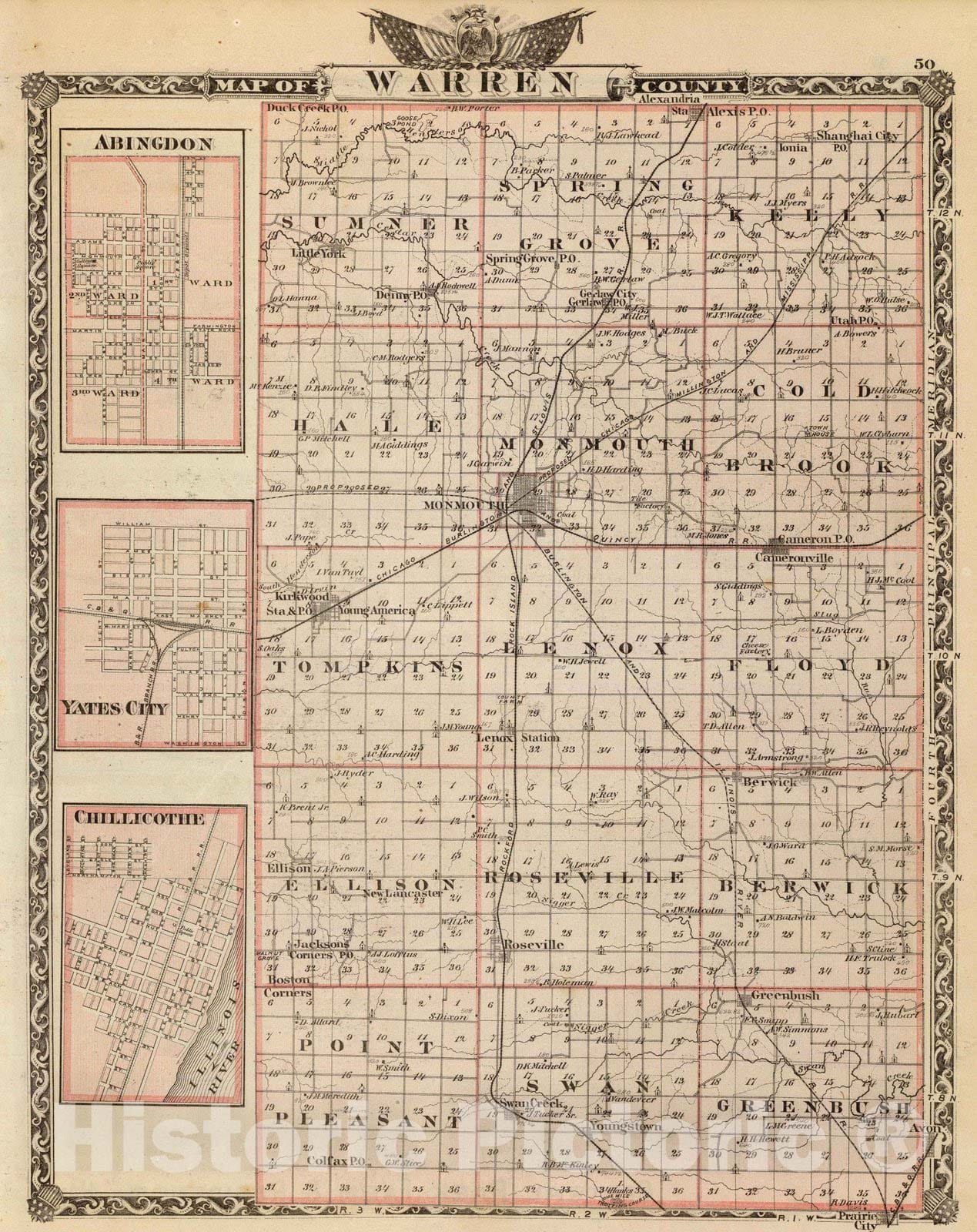 Historic Map : 1876 Map of Warren County, Abingdon, Yates City and Chillicothe. - Vintage Wall Art