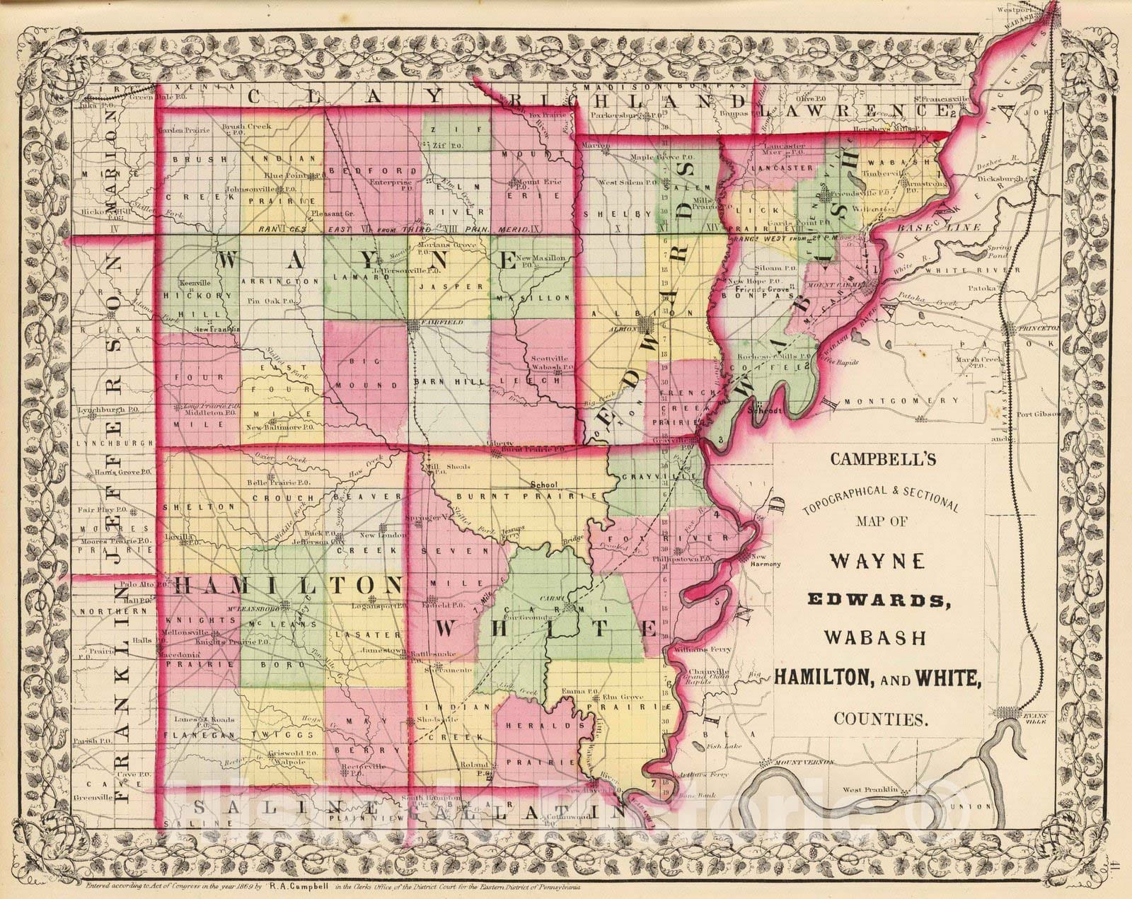 Historic Map : 1870 Wayne, Edwards, Wabash, Hamilton, White counties. - Vintage Wall Art