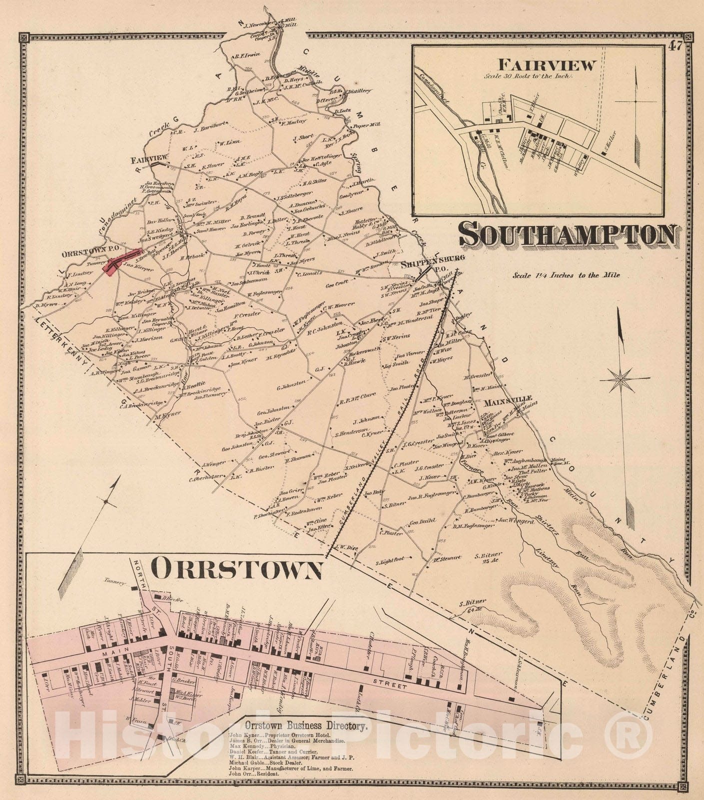 Historic Map : 1868 Southampton, Franklin County, Pennsylvania. Orrstown. Fairview. - Vintage Wall Art