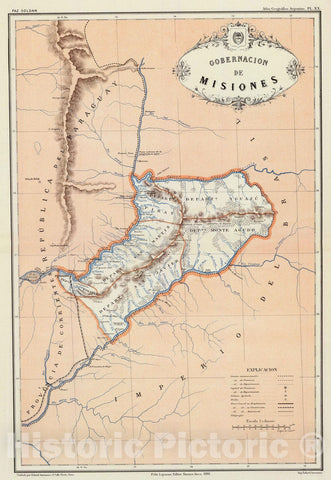 Historic Map : Argentina, Misiones (Argentina) 1888 Gobernacion de Misiones. , Vintage Wall Art