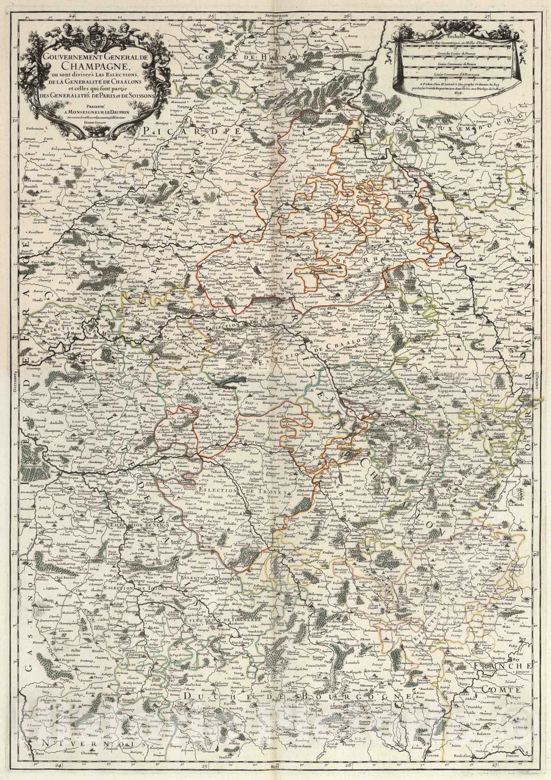 Historic Map : Champagne , France 1695 Composite Map: Gouvernement General de Champagne. , Vintage Wall Art