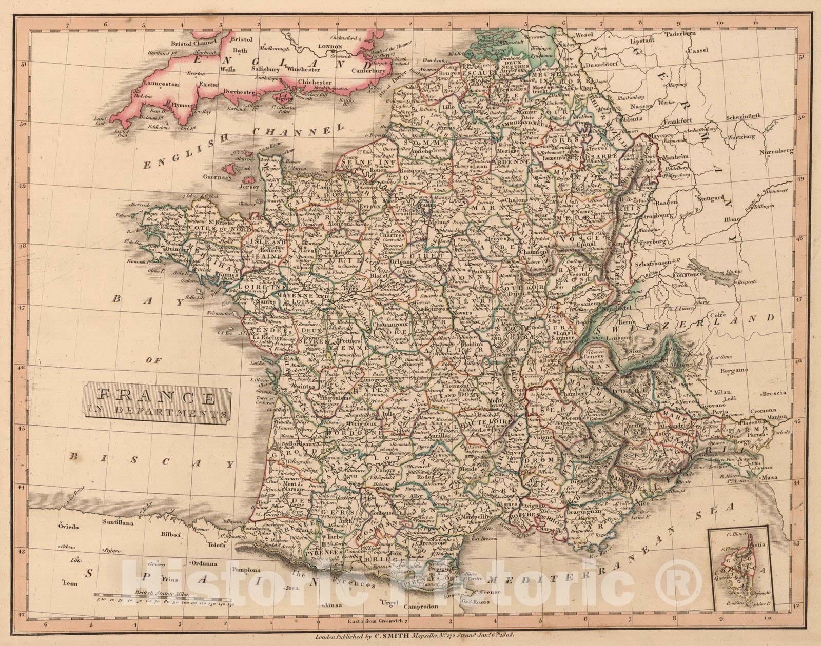 Historic Map : 1808 France in Departments. - Vintage Wall Art