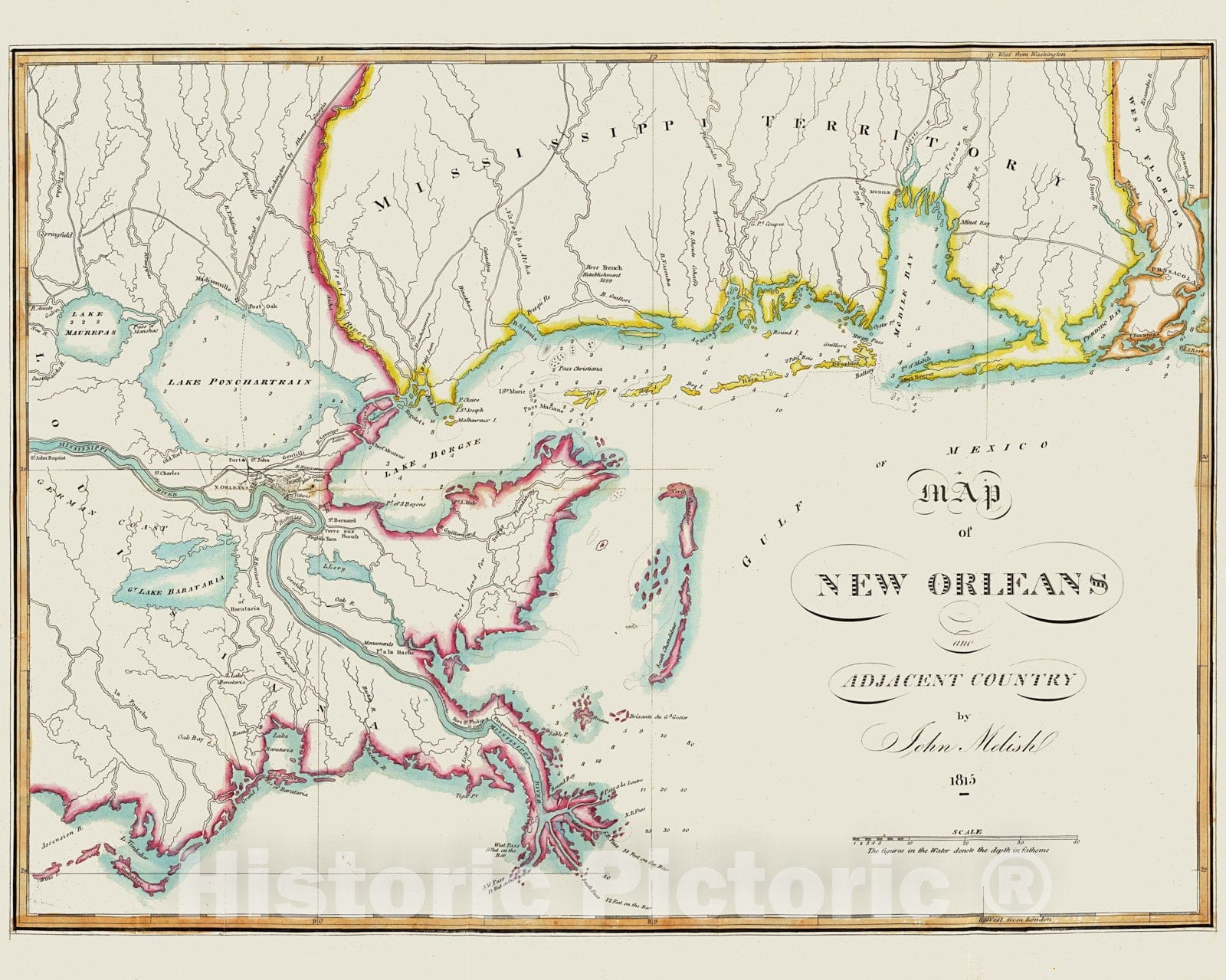 Historic Map : National Atlas - 1815 Map of New Orleans and Adjacent Country. - Vintage Wall Art