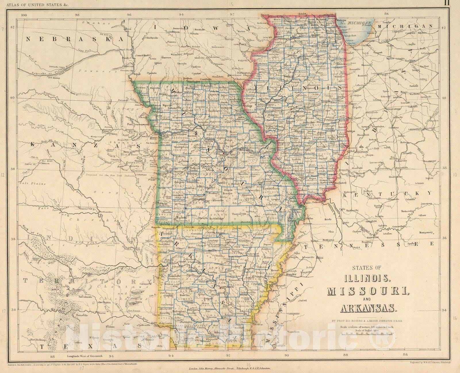 Historic Map : National Atlas - 1857 States Of Illinois, Missouri, And Arkansas. - Vintage Wall Art