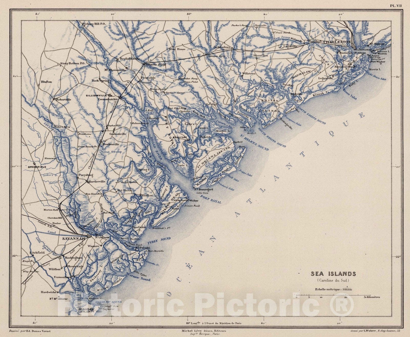 Historic Map : South Carolina, 1874 Plache VII. Sea Islands. (Carolina du Sud). , Vintage Wall Art