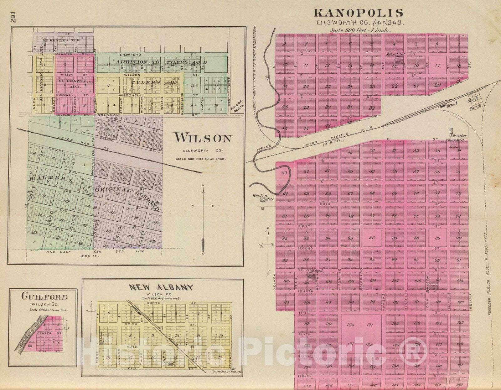 Historic Wall Map : 1887 Kanopolis, Wilson, Guilford, New Albany, Kansas. - Vintage Wall Art