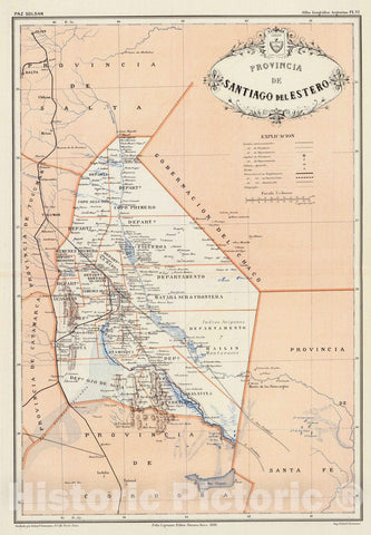 Historic Map : Argentina, Santiago del Estero (Argentina : Province) 1888 Provincia de Santiago del Estero. , Vintage Wall Art