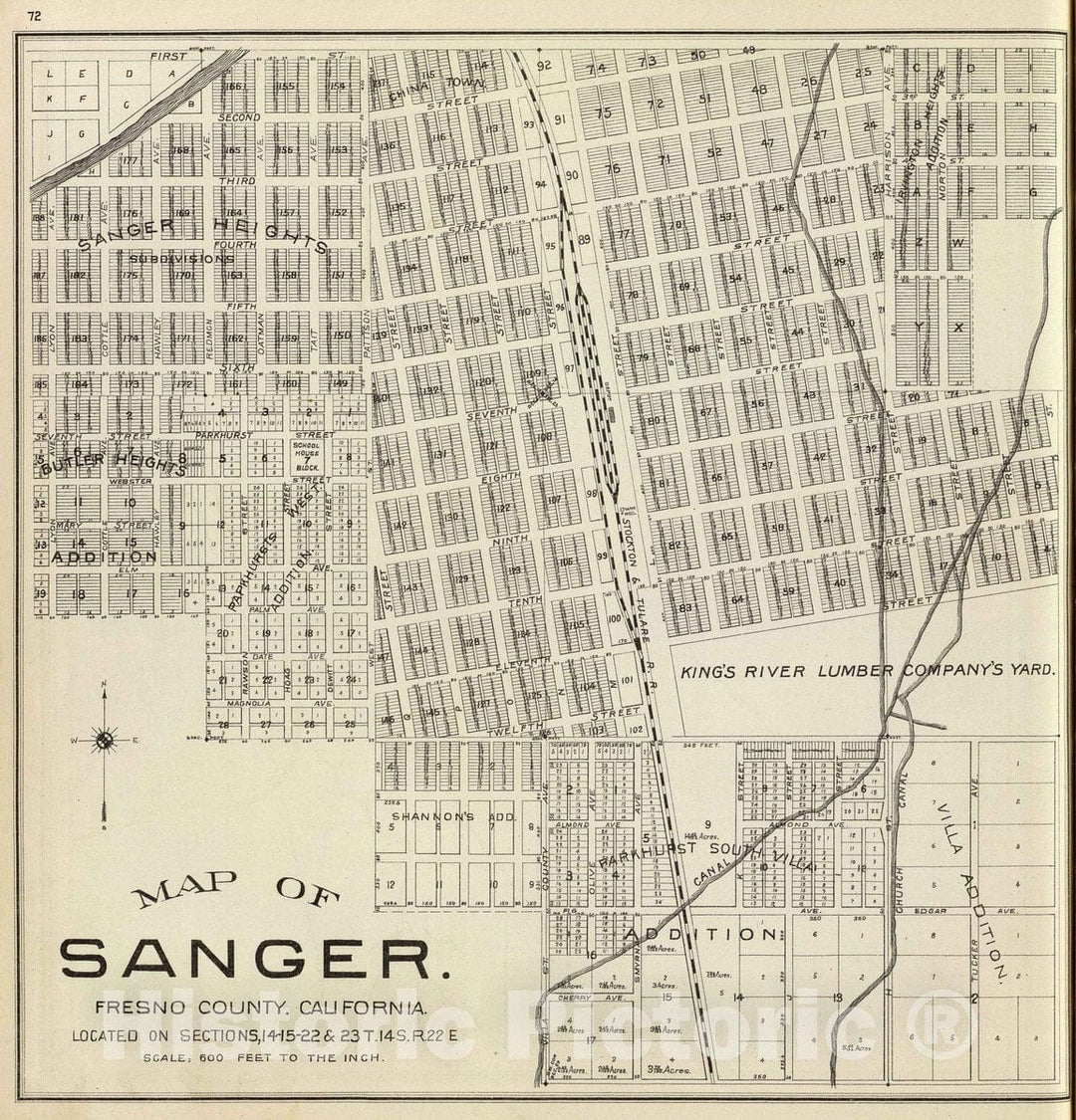 Historic Map : Sanger (Calif), California, 1891 Sanger. , Vintage Wall Art
