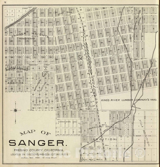Historic Map : Sanger (Calif), California, 1891 Sanger. , Vintage Wall Art