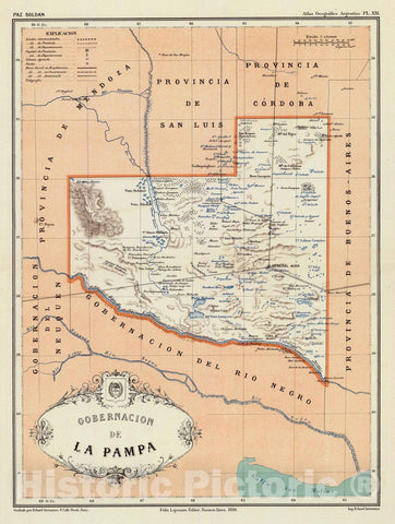 Historic Map : Argentina, La Pampa (Argentina : Province) 1888 Gobernacion de La Pampa. , Vintage Wall Art