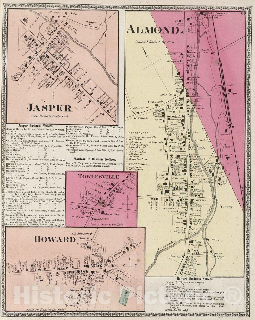 Historic Map : 1873 Jasper. Almond. Howard. Towlesville. - Vintage Wall Art