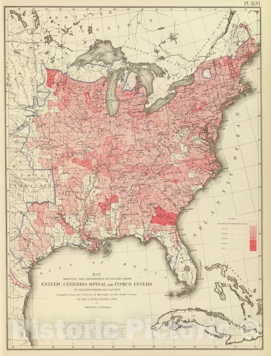 Historic Map : Statistical Atlas - 1874 Enteric, cerebro-spinal, typhus deaths. - Vintage Wall Art