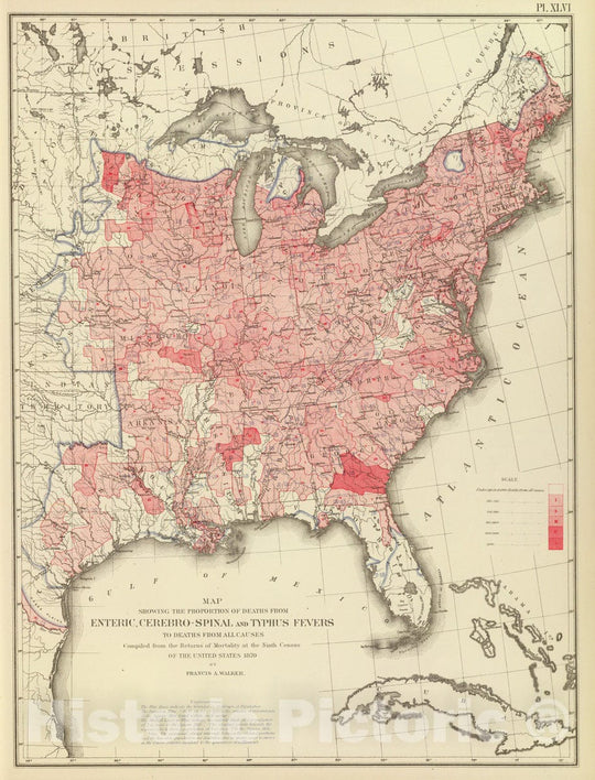 Historic Map : Statistical Atlas - 1874 Enteric, cerebro-spinal, typhus deaths. - Vintage Wall Art
