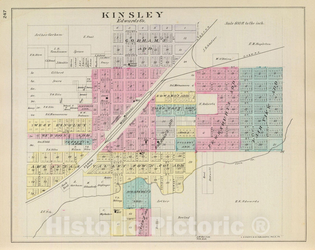 Historic Map : 1887 Kinsley, Edwards Co. - Vintage Wall Art