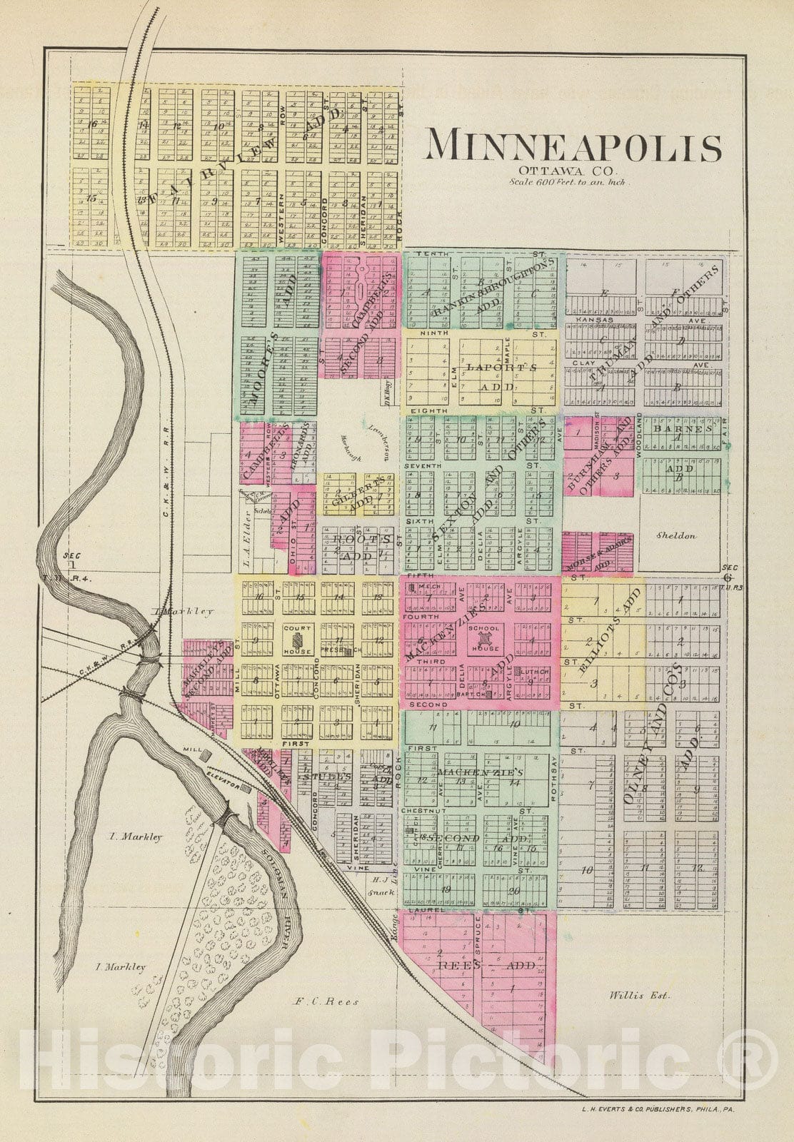 Historic Map : 1887 Minneapolis, Ottawa Co. - Vintage Wall Art