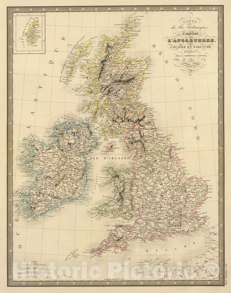 Historic Map : England; Ireland, British Isles 1845 Iles Britanniques. , Vintage Wall Art