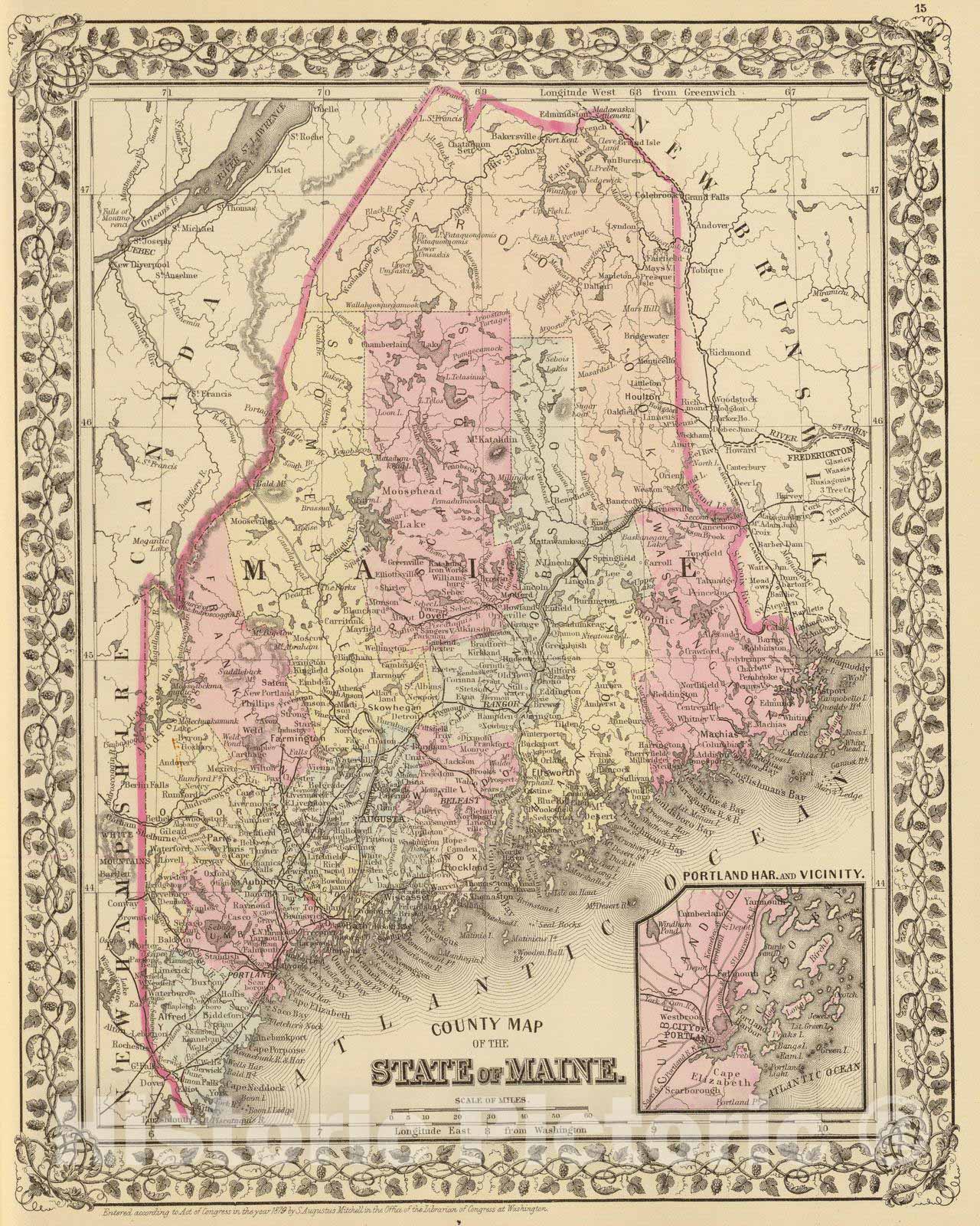 Historic Map : 1880 Maine. - Vintage Wall Art
