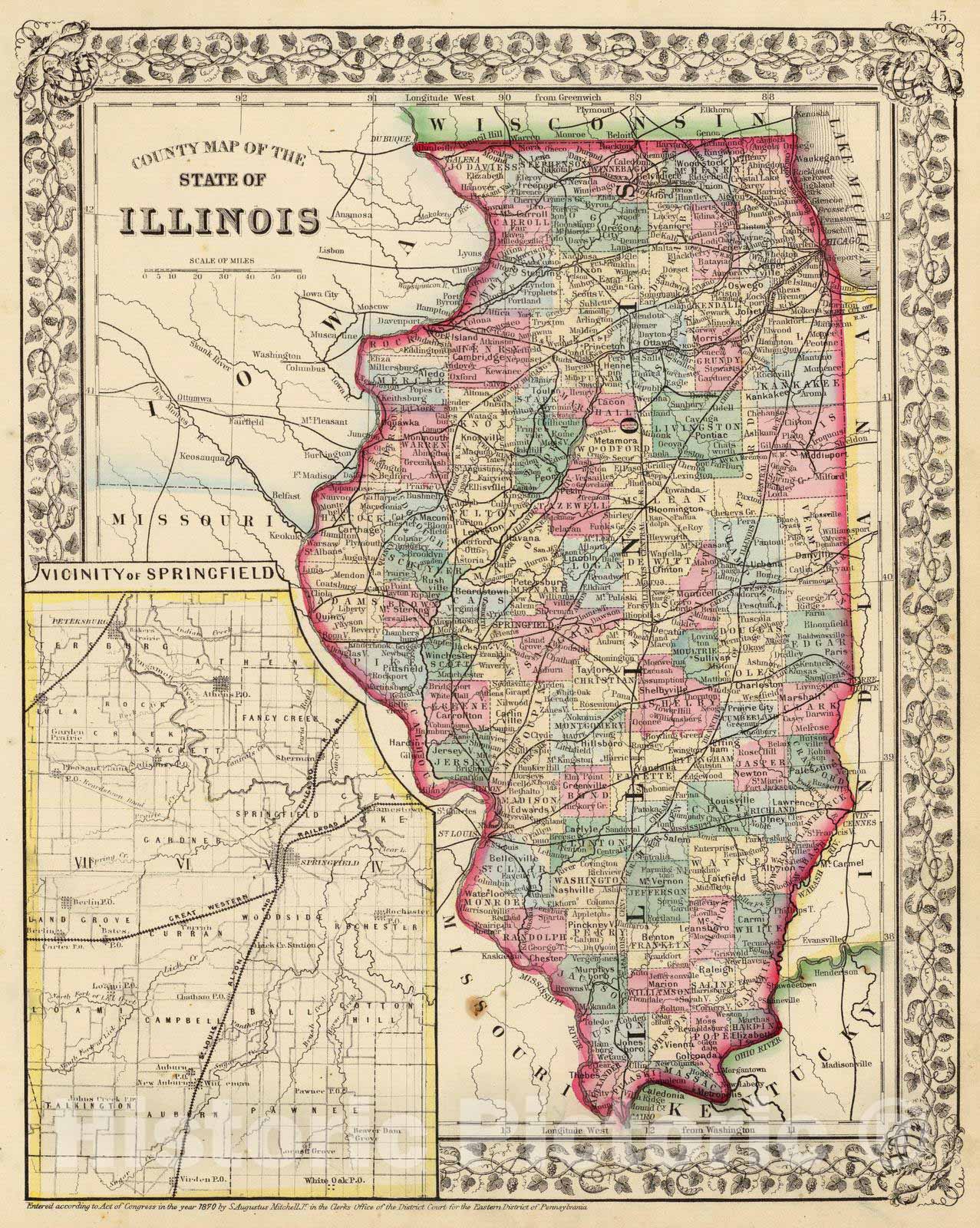 Historic Map : 1870 Illinois. - Vintage Wall Art