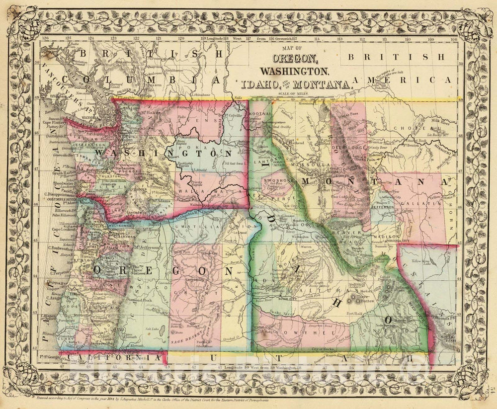 Historic Map - 1870 Ore, Wash, Idaho, Mont. - Vintage Wall Art