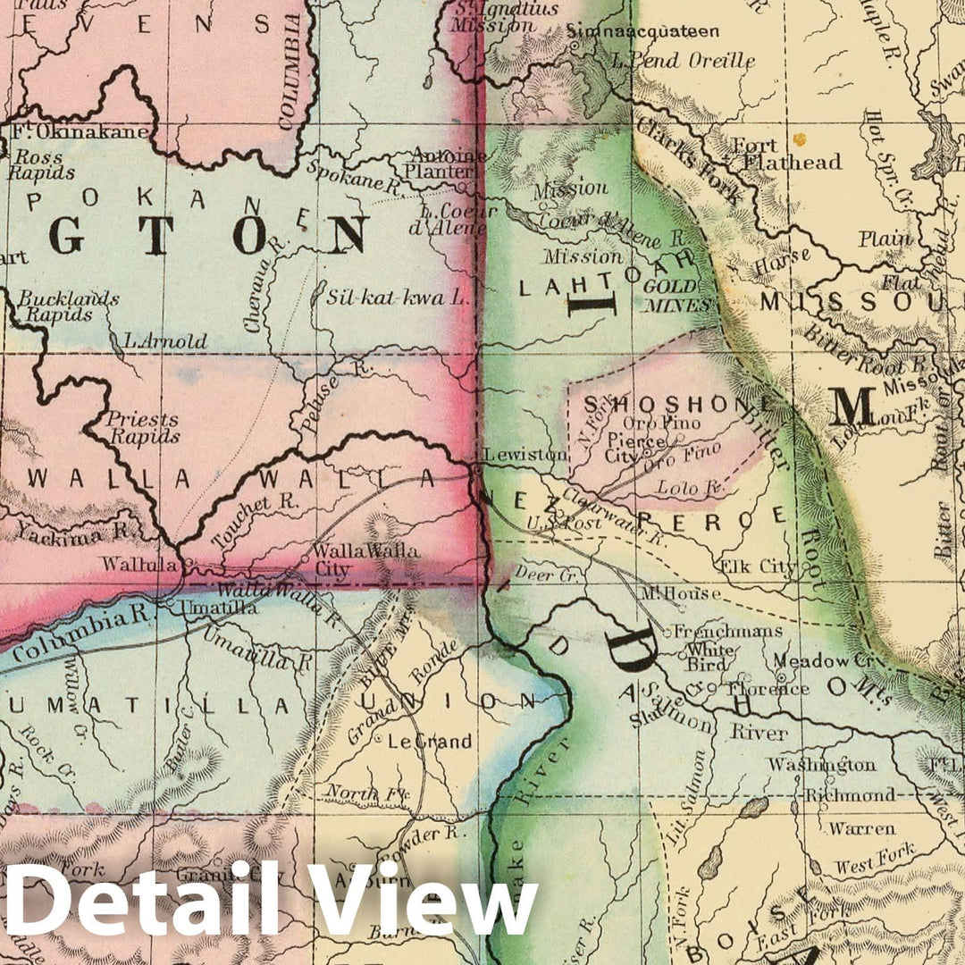 Historic Map - 1870 Ore, Wash, Idaho, Mont. - Vintage Wall Art