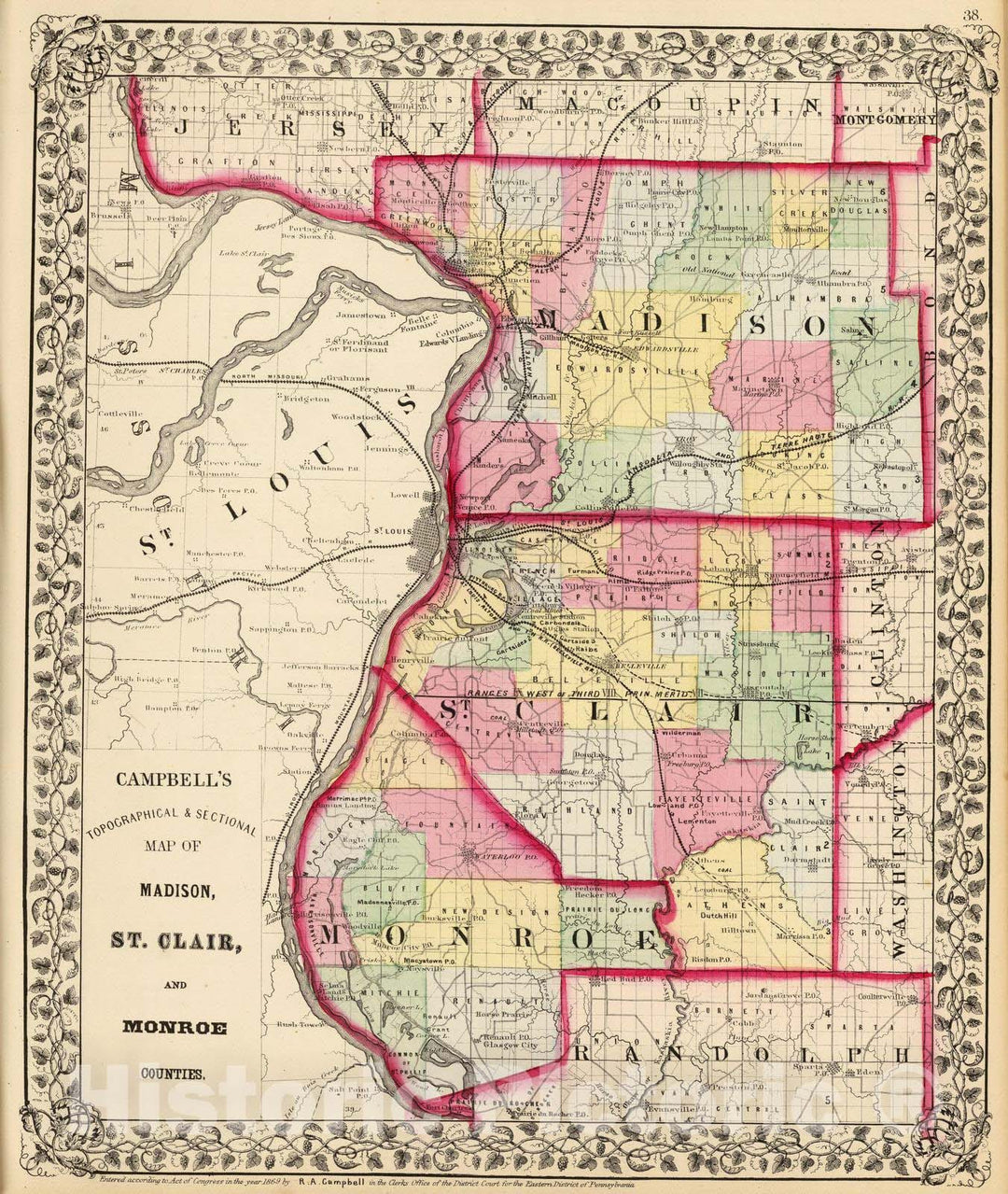 Historic Map : 1870 Madison, St. Clair, Monroe counties. - Vintage Wall Art
