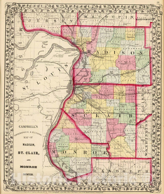 Historic Map : 1870 Madison, St. Clair, Monroe counties. - Vintage Wall Art