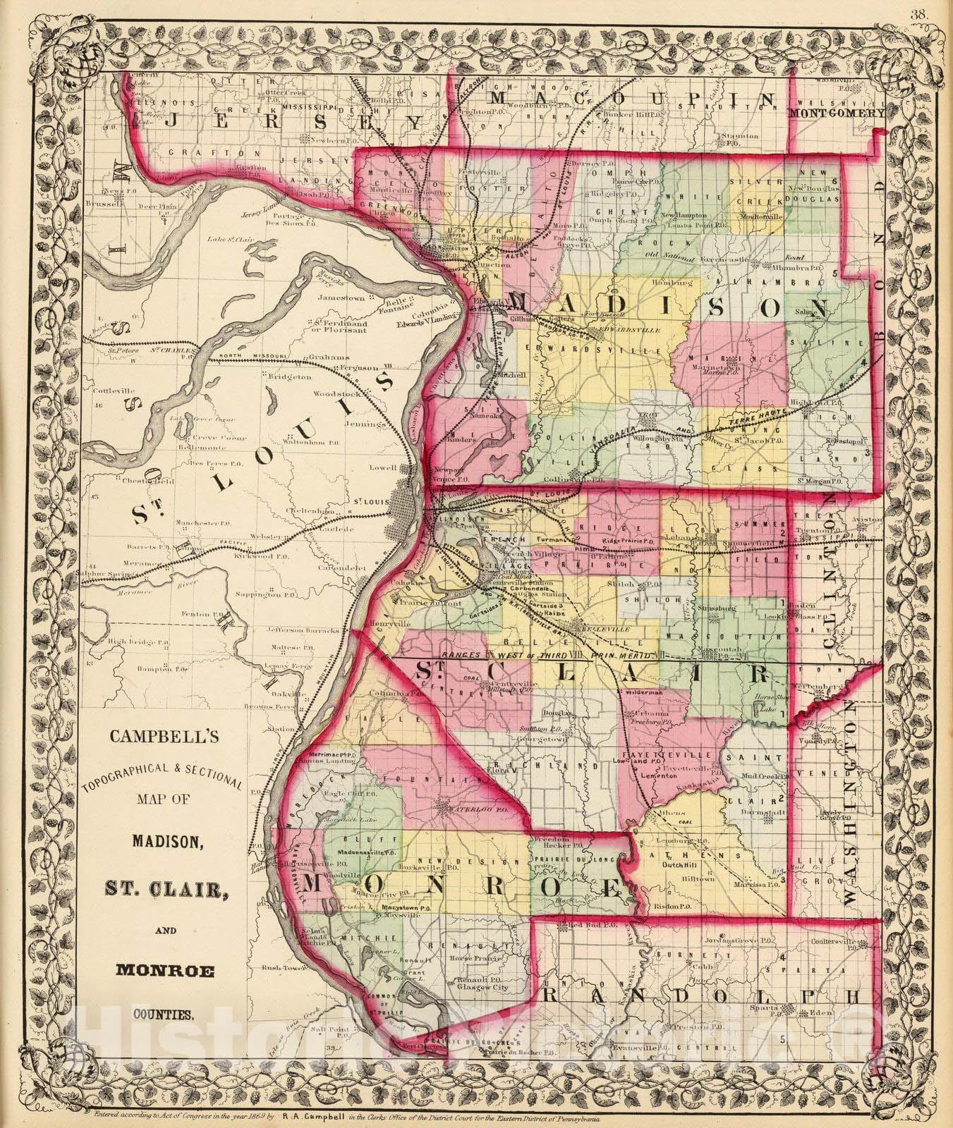 Historic Map : 1870 Madison, St. Clair, Monroe counties. - Vintage Wall Art
