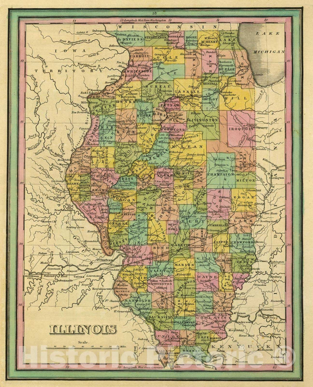 Historic Map : 1845 Illinois. v2 - Vintage Wall Art