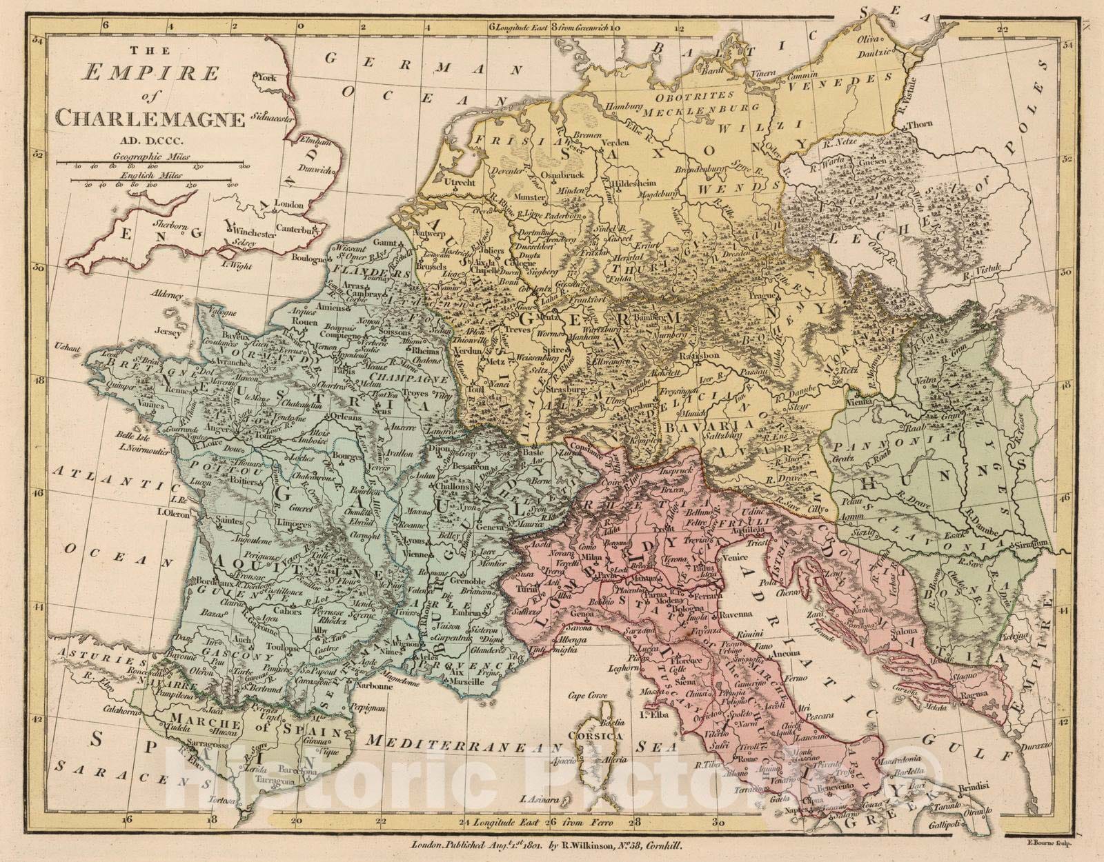 Historic Map : 1801 The Empire of Charlemagne, A.D. D,CCC (800 AD). - Vintage Wall Art