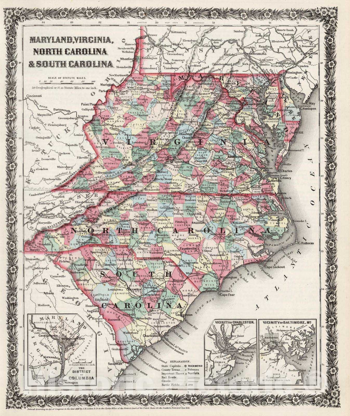 Historic Map : 1858 Maryland, Virginia, North Carolina, and South Carolina. - Vintage Wall Art
