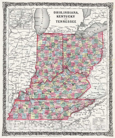 Historic Map - 1858 Ohio, Indiana, Kentucky, and Tennessee, Atlas - Vintage Wall Art