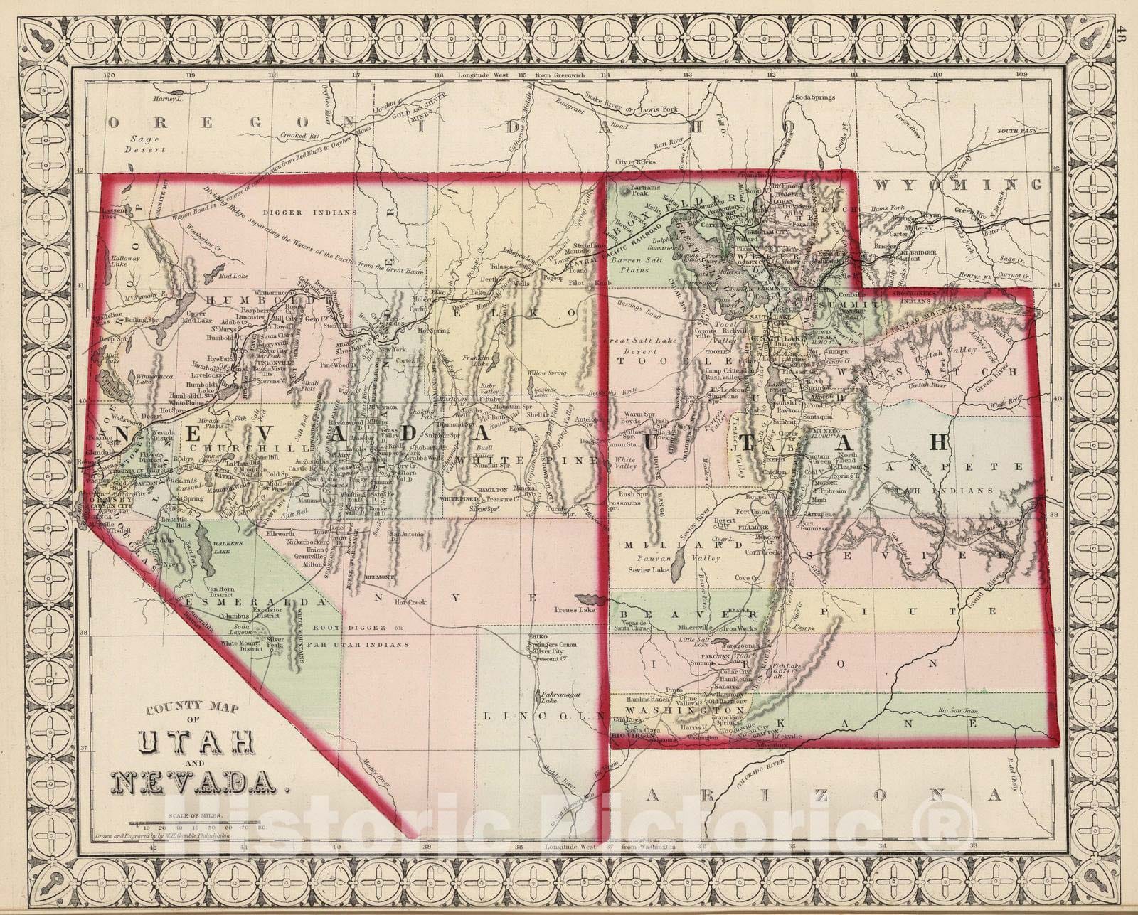 Historic Map : National Atlas - 1874 County Map of Utah and Nevada. - Vintage Wall Art