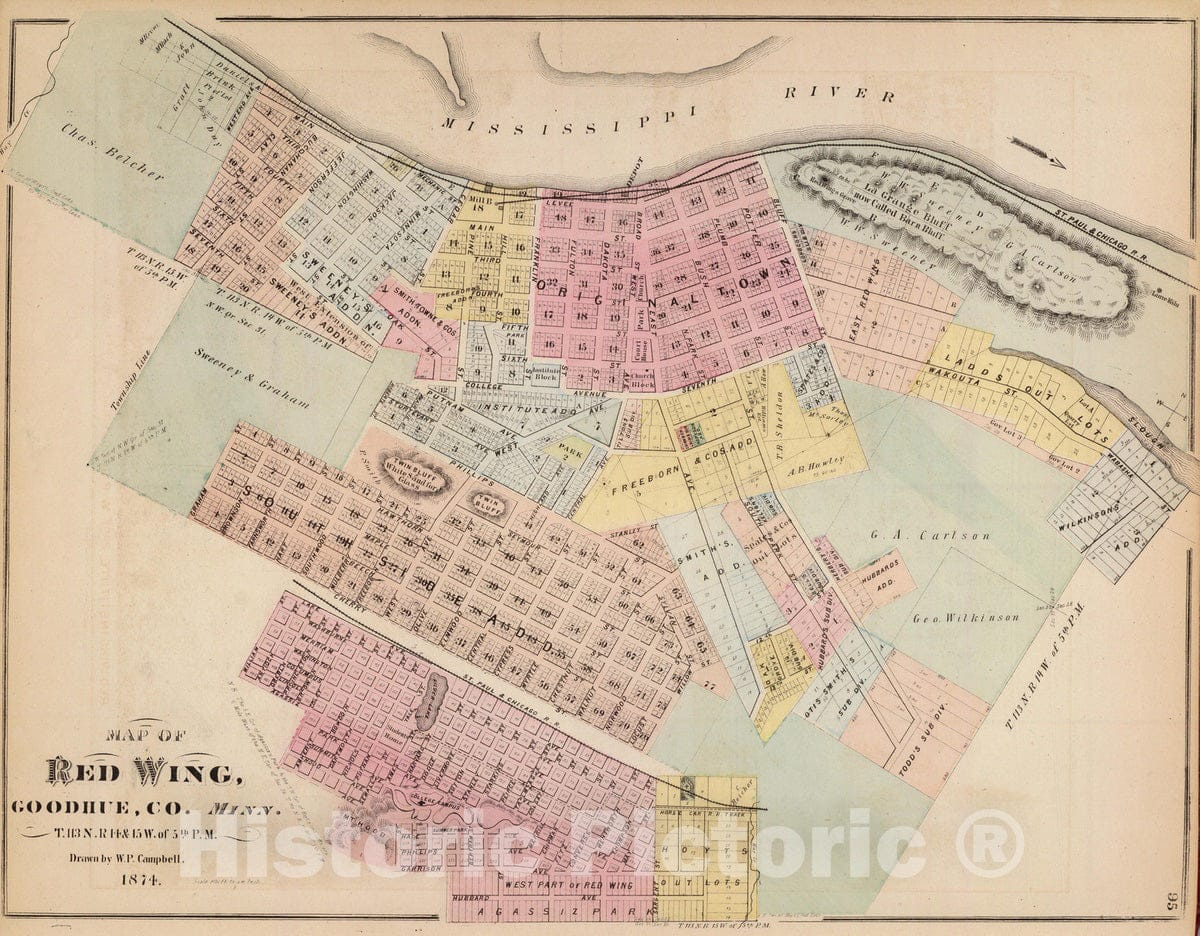Historic Map : 1874 Map of Red Wing, Goodhue Co, Minn. - Vintage Wall Art