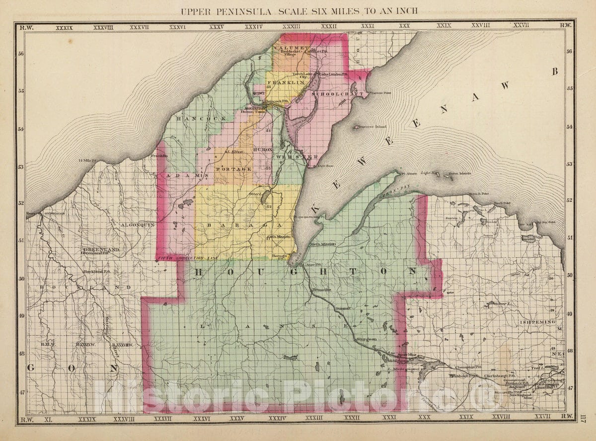 Historic Map : 1873 Upper Peninsula, scale six miles to an inch (Houghton County) - Vintage Wall Art