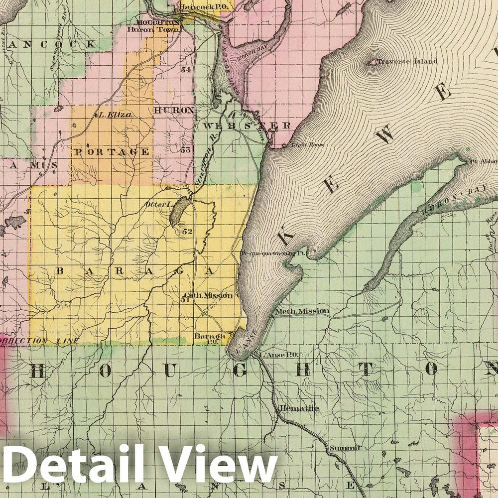 Historic Map : 1873 Upper Peninsula, scale six miles to an inch (Houghton County) - Vintage Wall Art