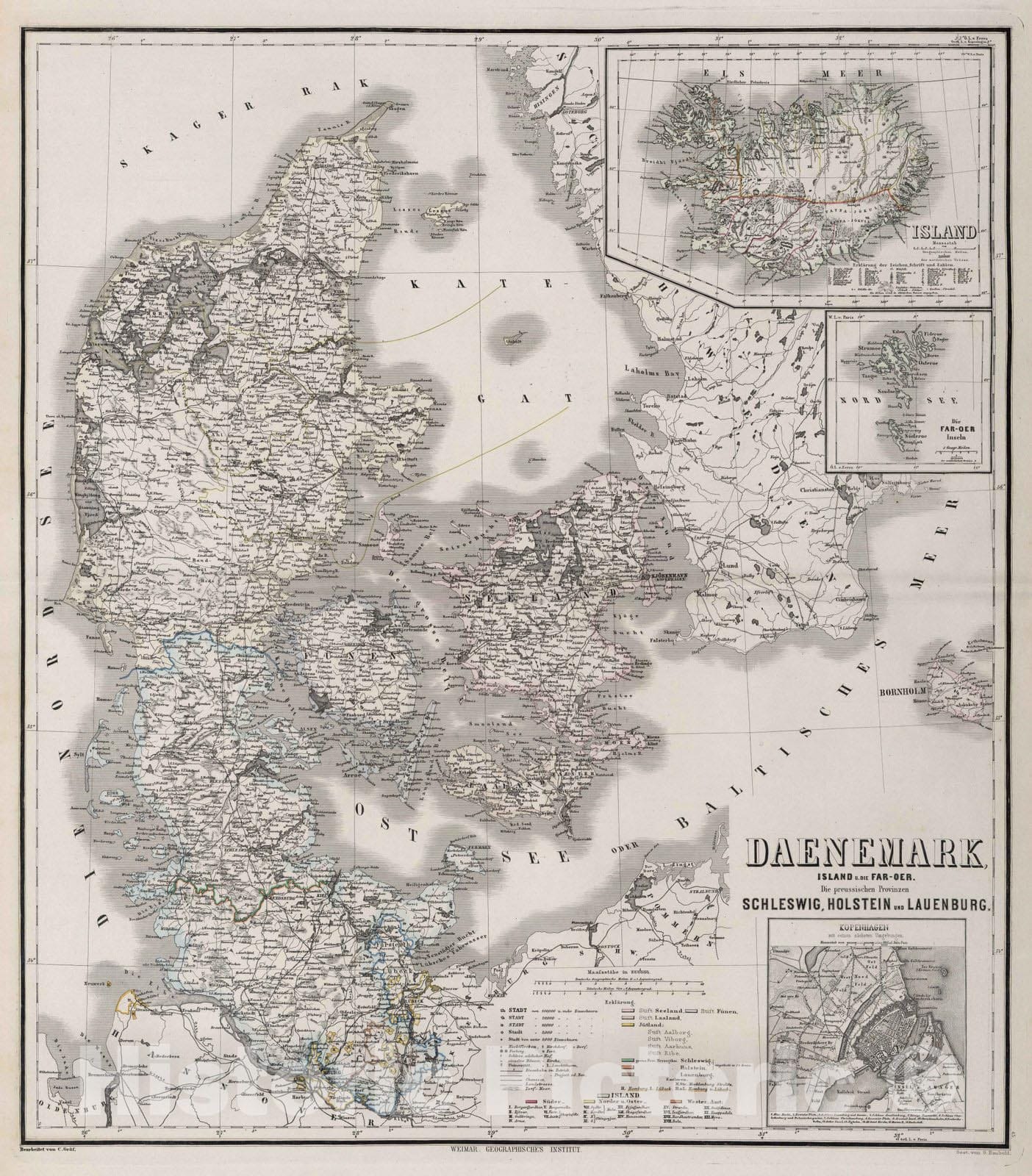 Historic Map : 1875 Denmark, Iceland, Faroe Island. Prussian Provinces Schleswig, Holstein and Lauenburg. - Vintage Wall Art