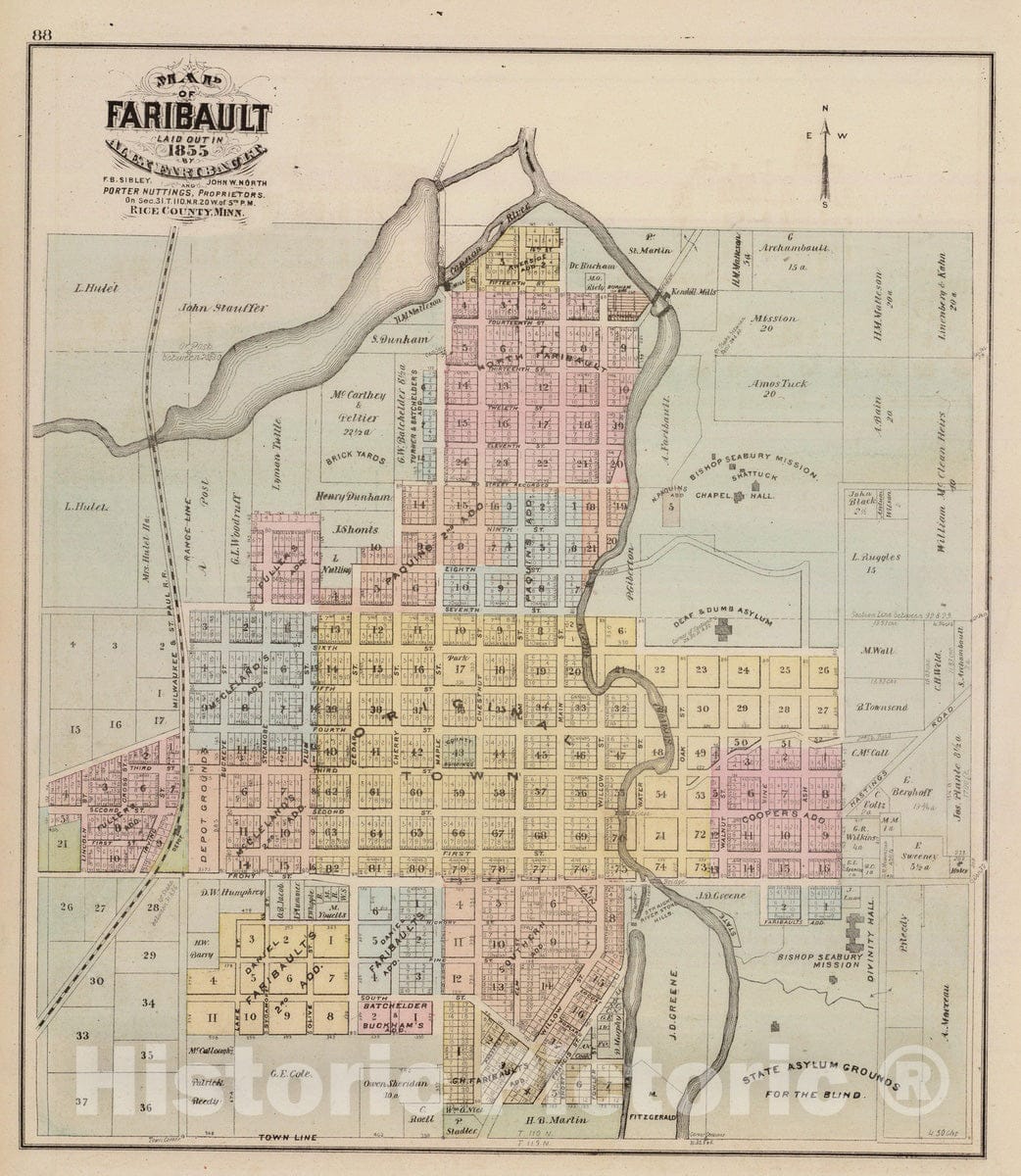 Historic Map : 1874 Map of Faribault, Rice County, Minn. - Vintage Wall Art