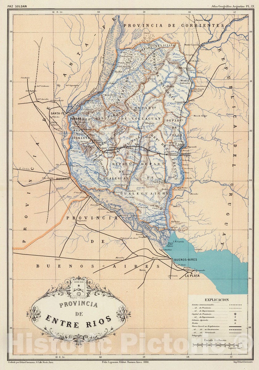 Historic Map : Argentina, Entre Rios (Argentina) 1888 Provincia de Entre Rios. , Vintage Wall Art