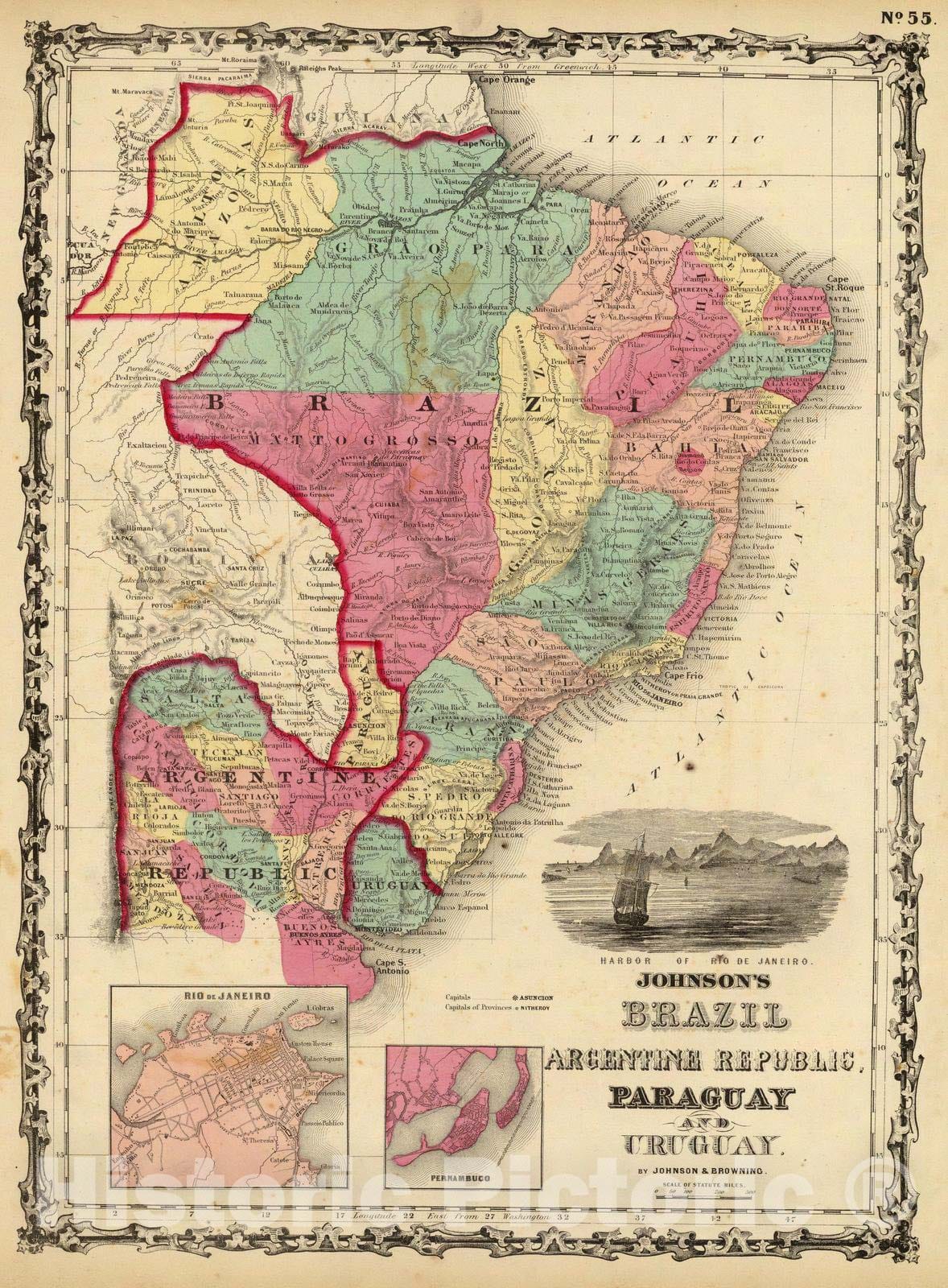 Historic Map : 1860 Brazil, Argentine Republic, Paraguay And Uruguay. - Vintage Wall Art