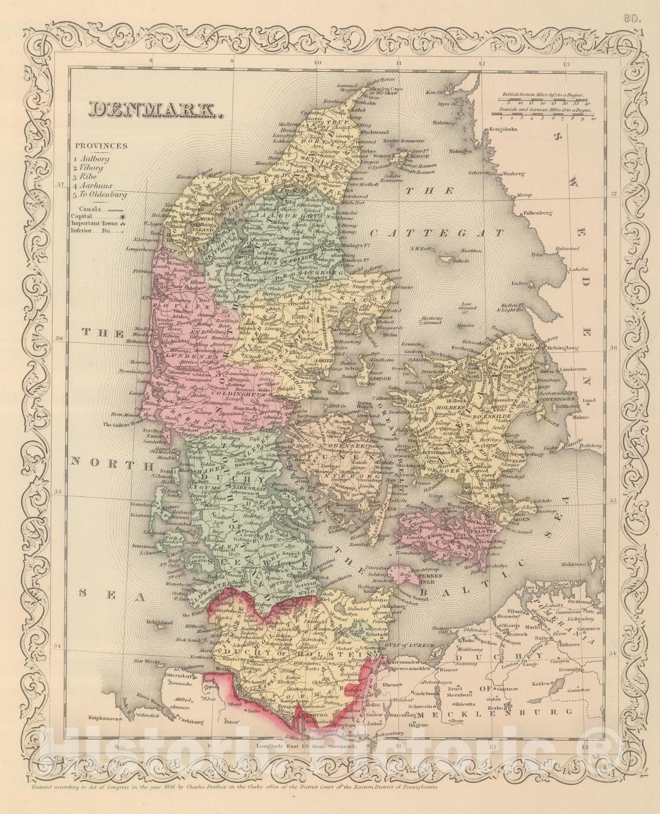 Historic Map : 1859 Denmark. - Vintage Wall Art