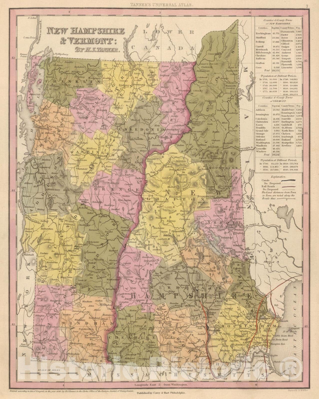Historic Map : 1845 New Hampshire & Vermont. - Vintage Wall Art