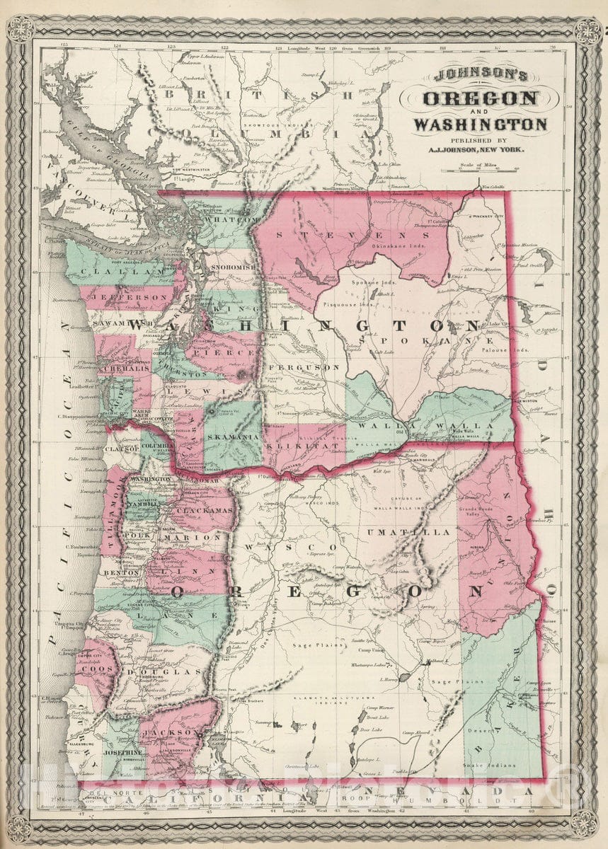 Historic Map : 1870 Oregon and Washington. - Vintage Wall Art
