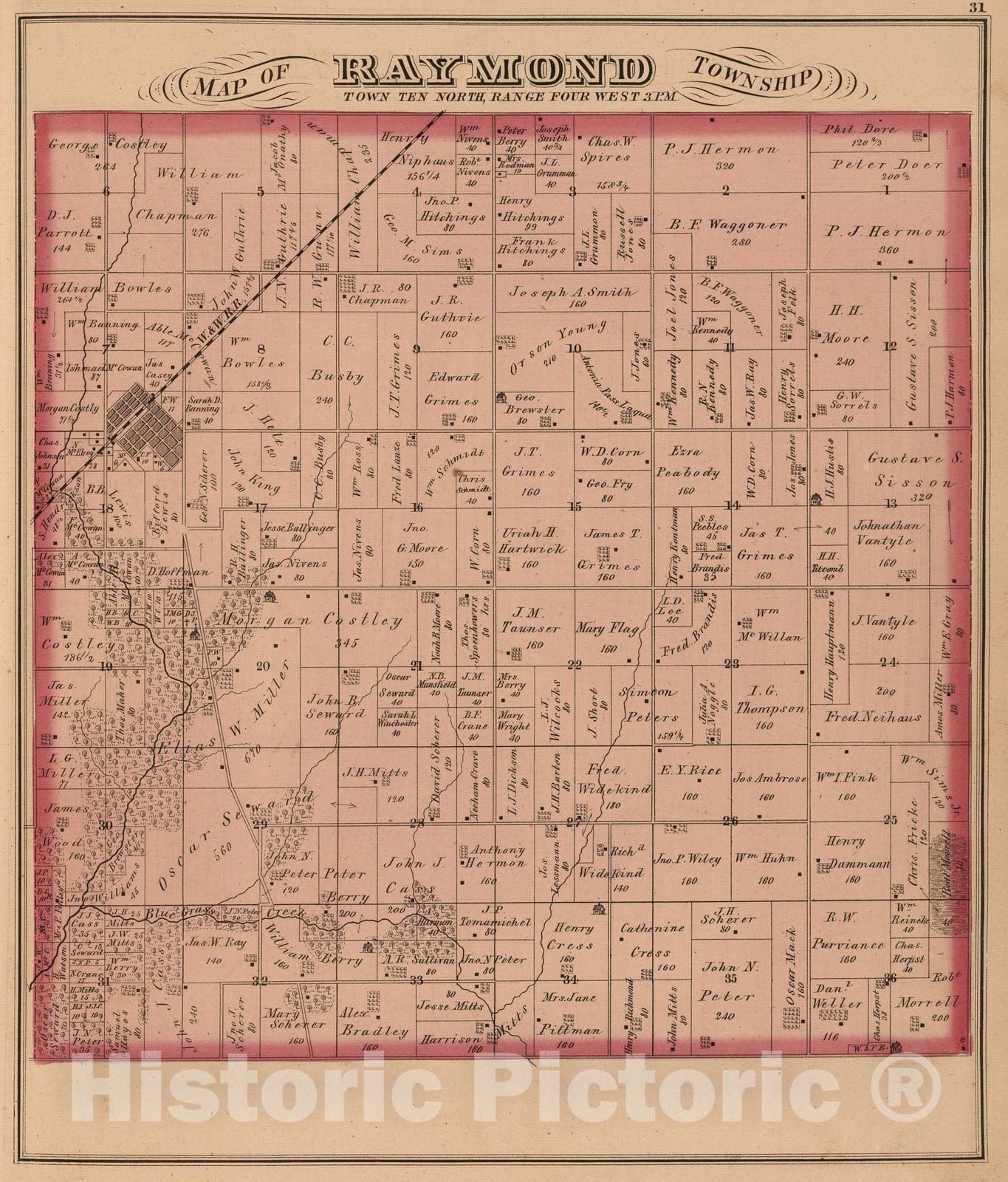 Historic Map : 1874 Raymond Township, Montgomery County, Illinois. - Vintage Wall Art