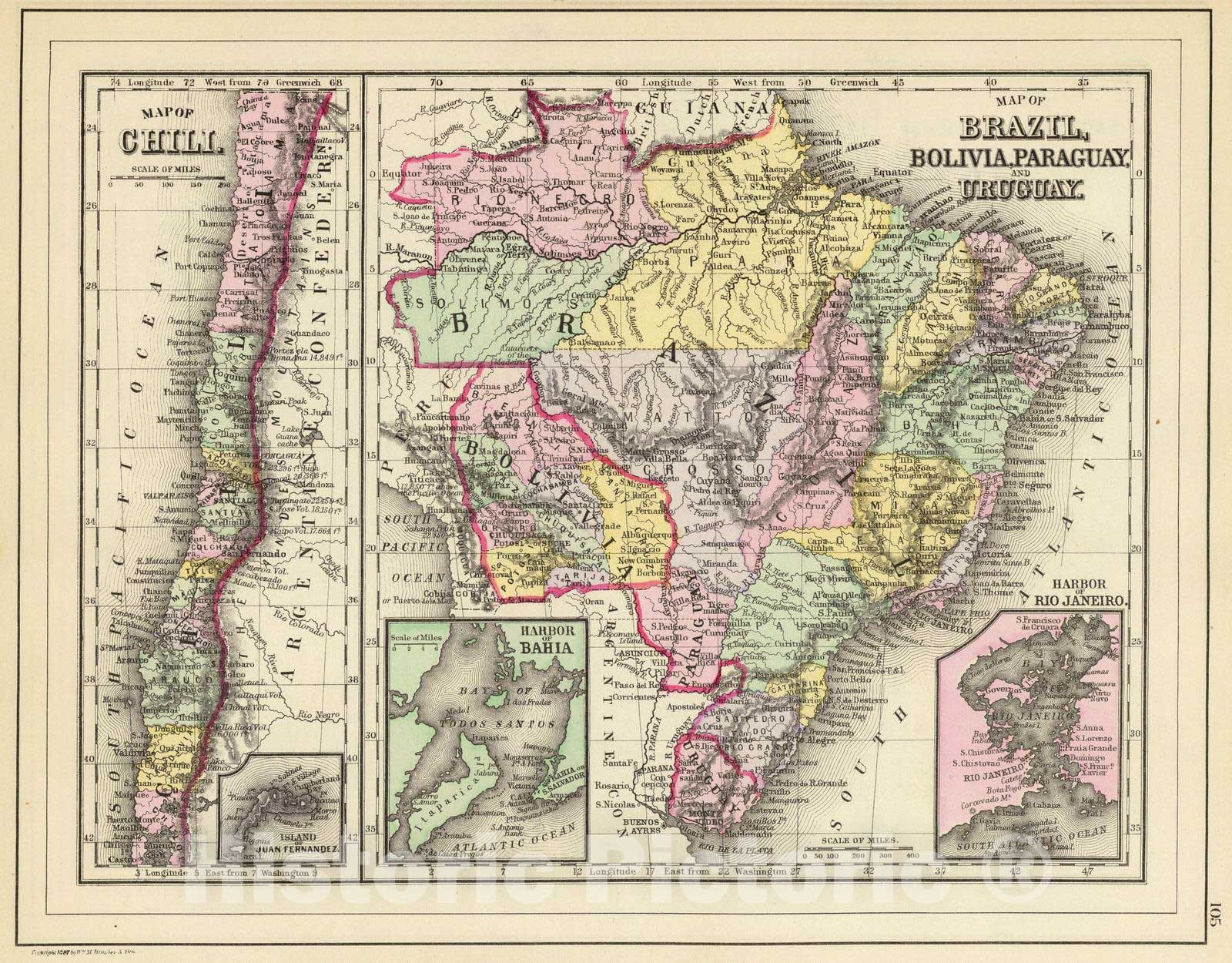 Historic Map : Brazil; Chile, , South America 1890 Brazil, Bolivia, Paraguay, Uruguay. , Vintage Wall Art