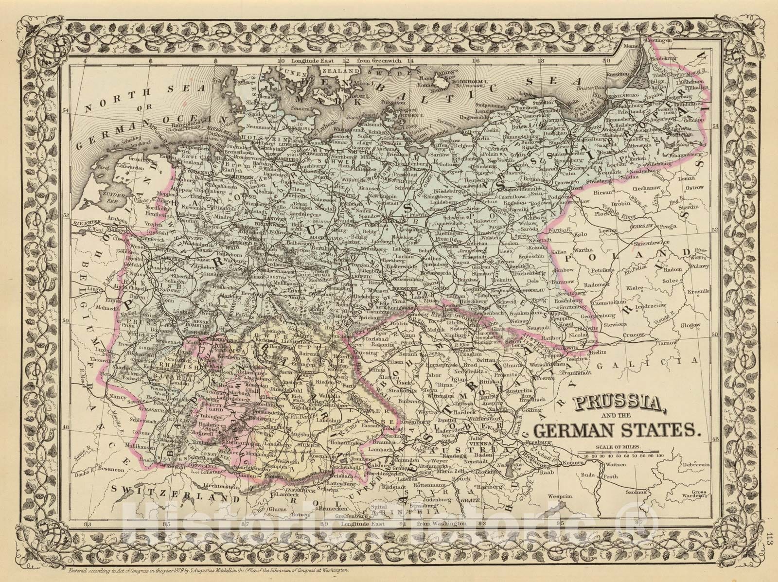 Historic Map : 1880 Prussia, German States. - Vintage Wall Art
