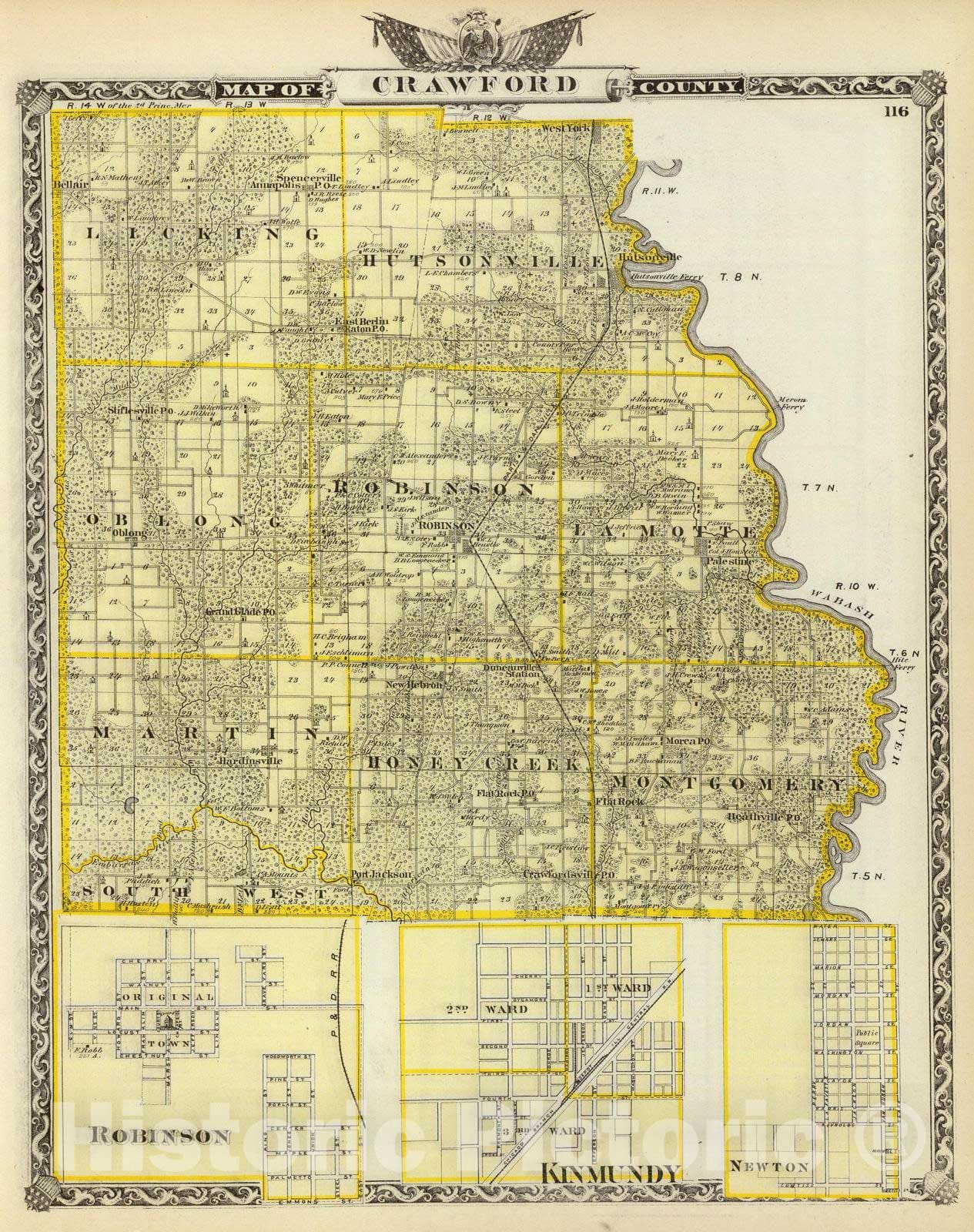 Historic Map : 1876 Map of Crawford County, Robinson, Kinmundy and Newton. - Vintage Wall Art