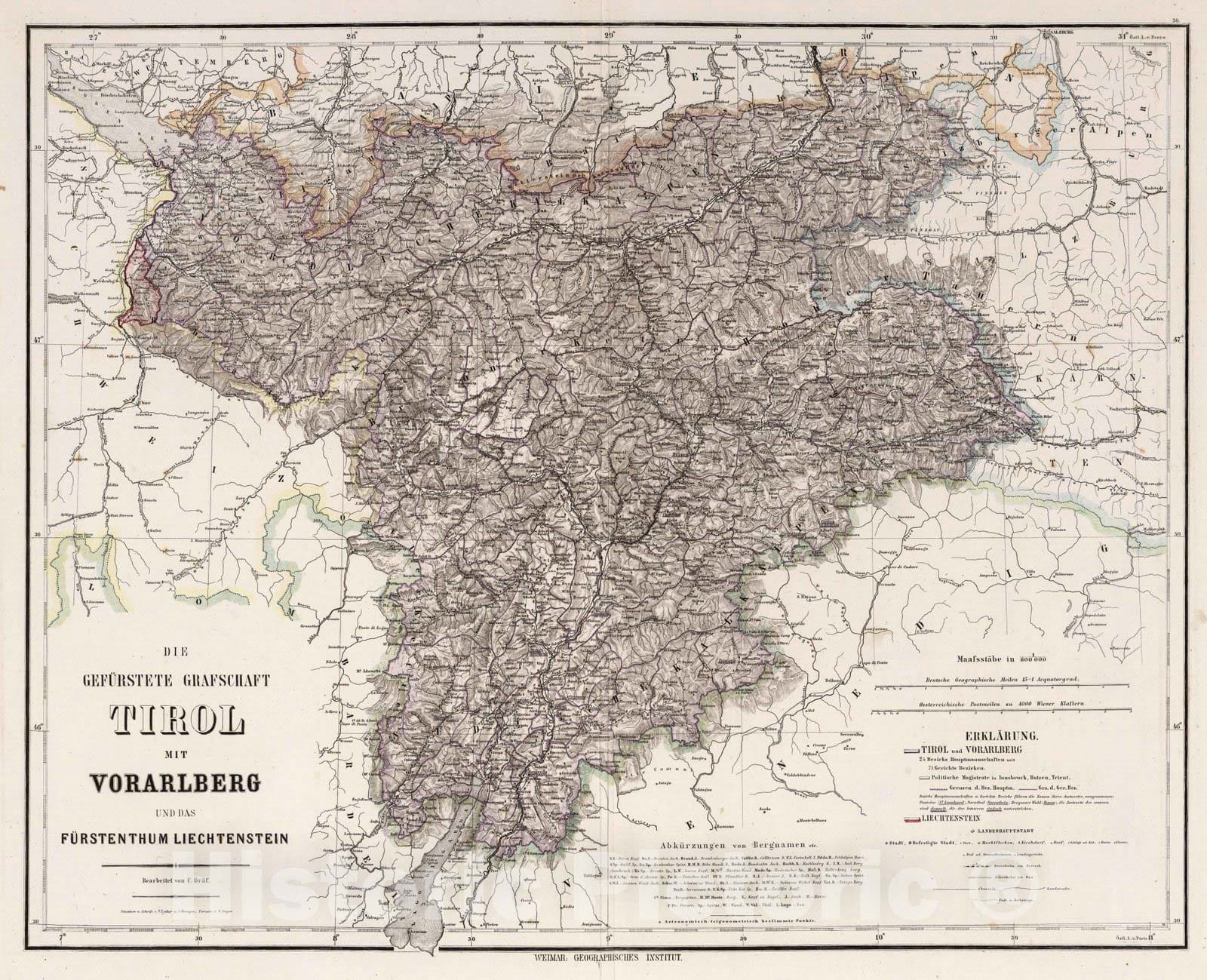 Historic Map : Liechtenstein, 1879 Tirol, Austria. , Vintage Wall Art