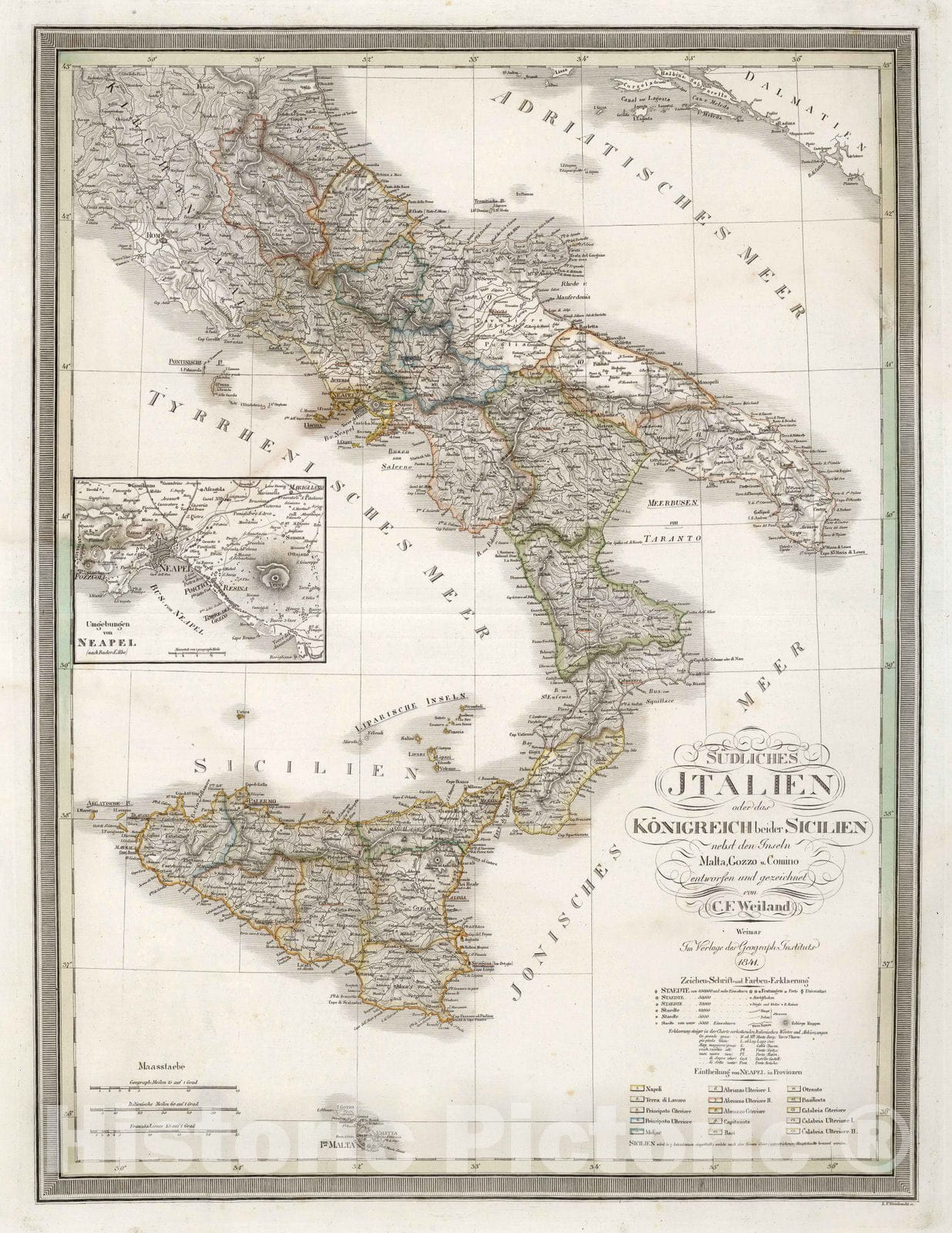 Historic Map : 1841 Southern Italy and the Kingdom of Sicily. - Vintage Wall Art