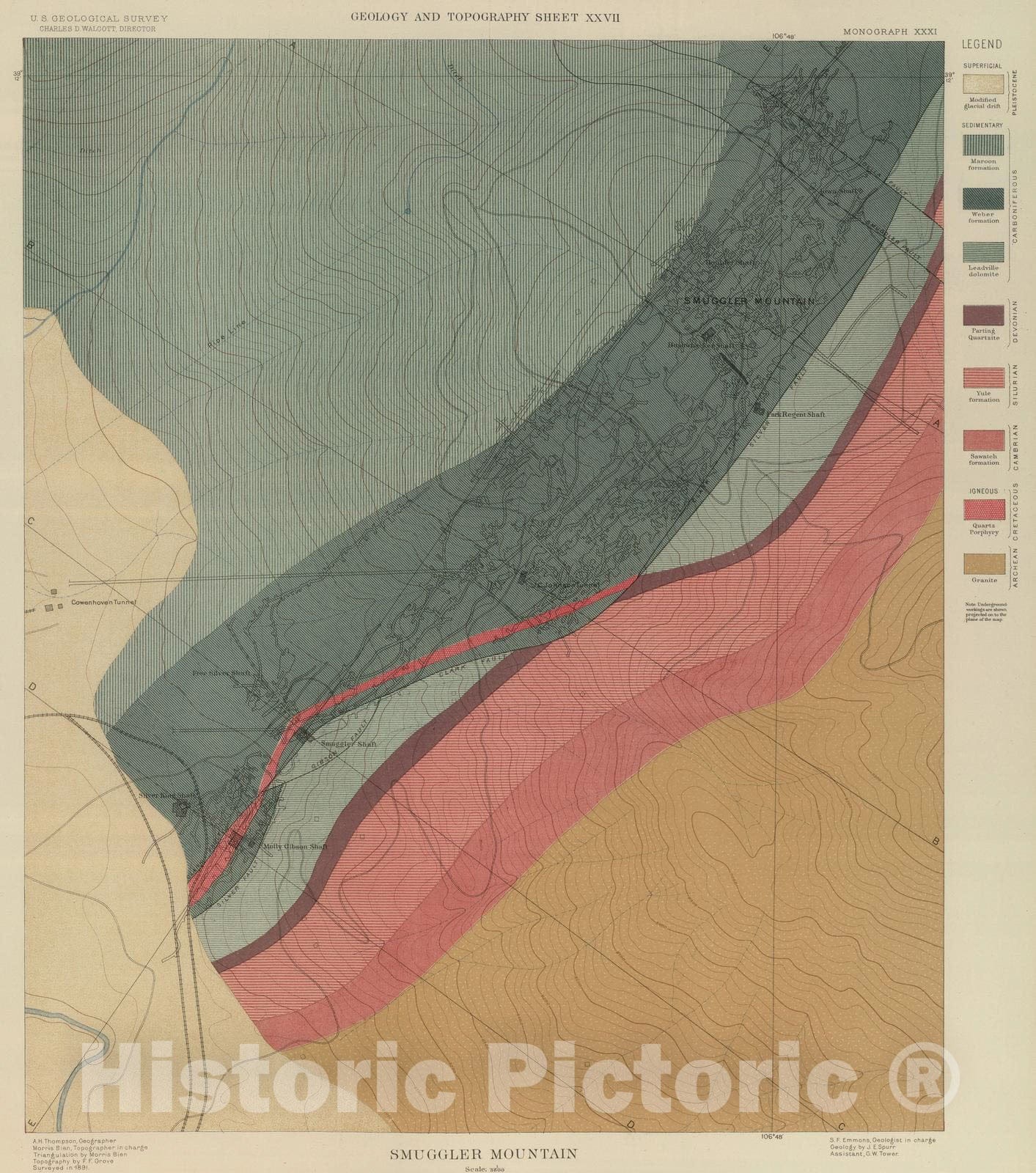 Historic Map : Geologic Atlas - 1898 Smuggler Mountain. - Vintage Wall Art