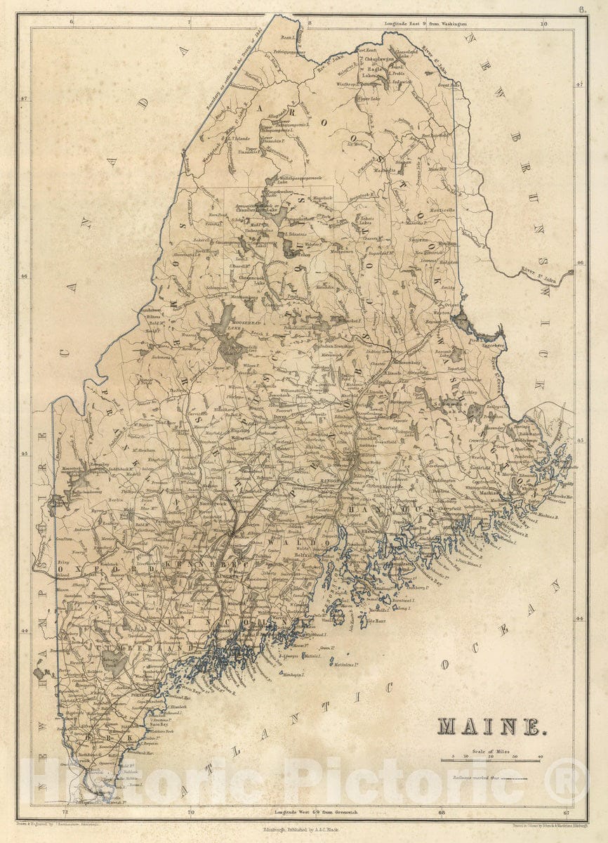 Historic Map : National Atlas - 1856 Maine. - Vintage Wall Art
